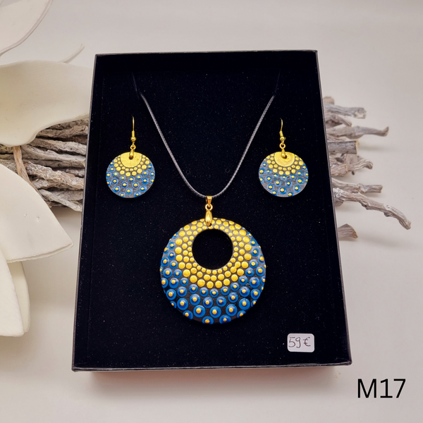 Schmuckset bestehend aus Halskette mit Mandala Anhänger und Ohrringen handgemalt - mehrere Varianten