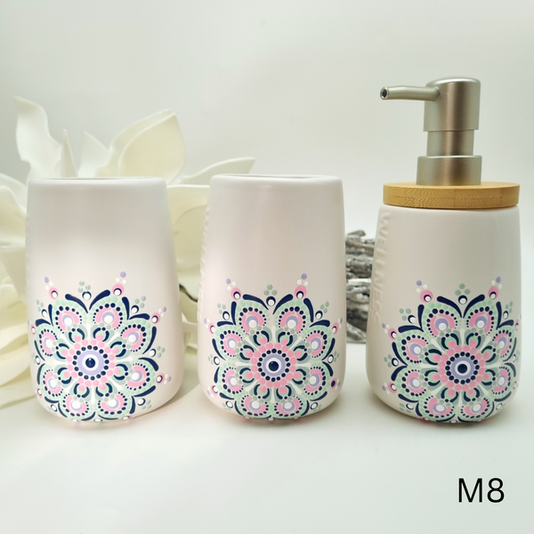 Mandala Seifenspender Set mit Becher handbemalt - mehrere Varianten